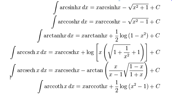 فرمول‌های انتگرال گیری برای توابع معکوس هیپربولیکی
